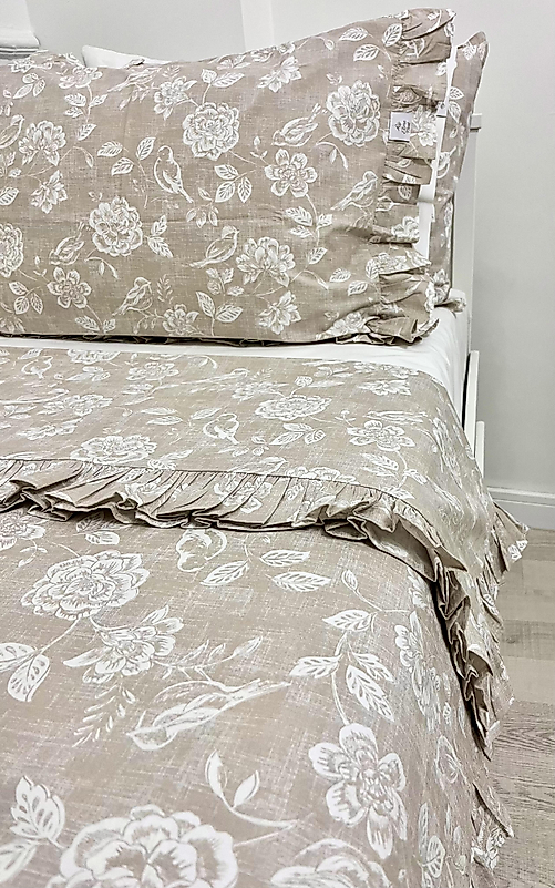 Elorenest Tek Kişilik Fırfırlı Vizon Beyaz Kuşlu Nevresim Takımı