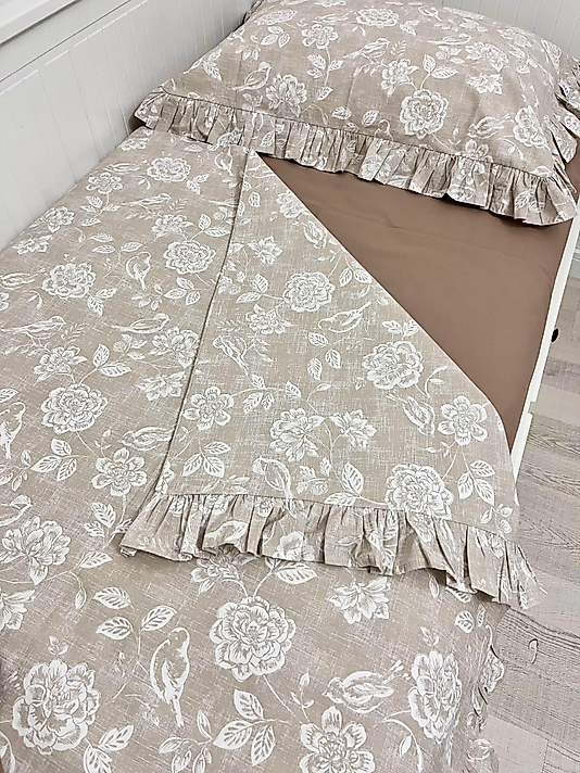 Elorenest Fırfırlı Kahverengi Kuşlu Çift Kişilik Nevresim Takımı
