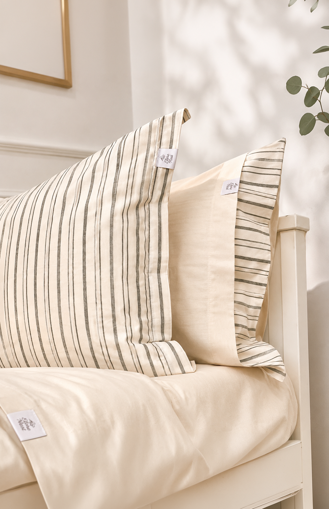 Elorenest Natural Bicolor Krem Gri Çizgili Çift Kişilik Nevresim Takımı